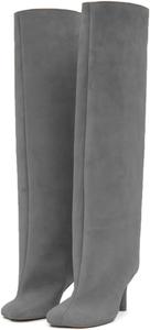 Женские высокие сапоги до колена, нюдовый замш, широкий голенище, шпилька, длинные ботильоны, квадратный носок, на молнии, высокие каблуки, сапоги для верховой езды для женщин, модные женские платья, высокие сапоги Trelako, Grey
