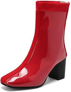 Женские ботильоны TNXZ из лакированной кожи, ярко-розовые, с квадратным носком, массивным каблуком, средней высоты, на молнии, короткие, размер US 3-US 17