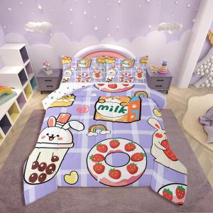 Erosebridal Детский комплект постельного белья Girly Kawaii Bear в стиле кавай с мишками и кроликами, молочный чай, десертный принт, клетка, Purple Red