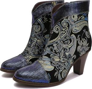Ботинки CrazycatZ Women Retro Floral Leather Chunky Heel Ankle Leather Boots, Hgsl