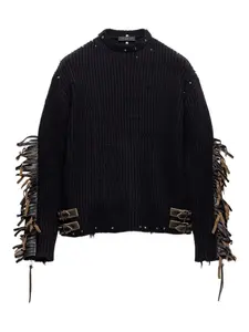 Шерстяной свитер с круглым вырезом и бахромой Prada, черный