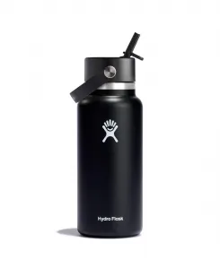Бутылка объемом 0,9 л с широким горлышком и гибкой крышкой-соломинкой Hydro Flask, черный