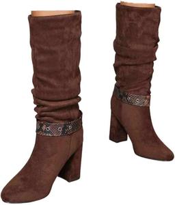 Женские зимние свободные ботильоны на высоком каблуке из замши, без застежки, с толстым квадратным носком, средней длины Generic, Brown