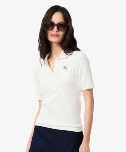 Поло с короткими рукавами, выполненное в технике ажурной вязки с кружевной отделкой.