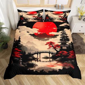 Erosebridal Комплект постельного белья в японском стиле с принтом красное солнце и журавли, винтажный дизайн укиё-э для детей и взрослых, Red and Black