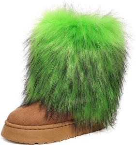 Женские зимние ботинки из искусственного меха до середины голени с плотной подошвой, теплые плюшевые снежные ботинки, удобная уличная обувь на плоской подошве Popchrio, Green