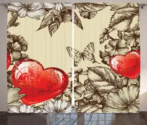 Штора ABAKUHAUS Любовь в деревенском стиле, цветы и бабочки, присборенная тесьма для спальни с петлями и крючками, 280 x 175 см, бежево-коричневый, красный Abakuhaus