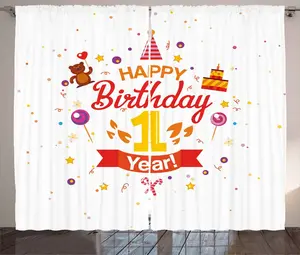 Штора ABAKUHAUS "День рождения в деревенском стиле", "Вечеринка с мишкой-конусом", универсальная, для гостиной, с петлями и крючками, 280 x 245 см, цвет: красные бархатцы и фиолетовый Abakuhaus