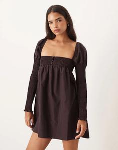 Мини-платье ASOS DESIGN с длинными рукавами, присборенной грудью и пуговицами спереди, темно-бордового цвета