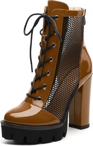 Женские ботильоны на щиколотку, ботильоны на платформе с массивным каблуком, сексуальные сетчатые сандалии с задней молнией 4,5 MISEZOXI, Brown Patent