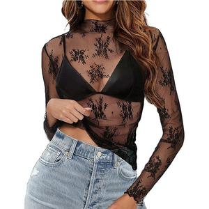 Женская блузка Sheer Floral Lace с воротником-стойкой и длинными рукавами Clearflower, Small Lace Black
