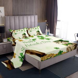 Erosebridal Комплект постельного белья St. Patricks Day для детей с котиками и клеверами, устойчивый к образованию складок, Green Grey