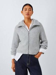 Свитер с молнией из ребристой ткани с альпакой John Lewis, Light Grey