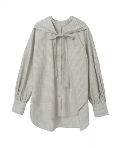 Хлопково-шелковая рубашка без воротника в клетку «Вийелла»/«Пишущая машинка» с шарфом Plain People, цвет Ivory