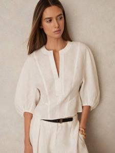 Топ Remi с рукавами-фонариками из чистого льна Reiss, Ivory