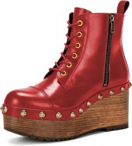 Женские ботильоны YDN с закрытым носком, украшенные заклепками, на платформе, с шнуровкой, танкетка средний каблук, боковая молния, на щиколотку, для прогулок и шопинга, размер 4-16 US, Red