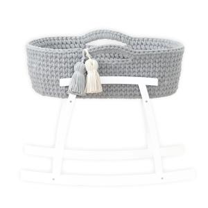 Колыбелька для куклы - Корзина Моисей (СЕРЕБРИСТО-СЕРЫЙ) с матрасом, комплектом постельного белья, бахромой + белая деревянная основа Like Moses