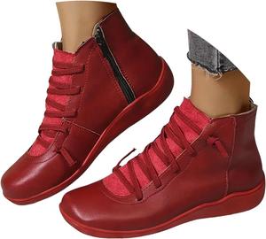Женские зимние ботинки с молнией на щиколотке, средние по голенище, для широкой голени, винтажные на шнуровке с платформой и низким каблуком, нескользящая обувь PPJINPAI, Red