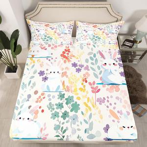 Erosebridal Комплект постельного белья Kawaii Rabbit с мультяшными кроликами и цветочным принтом для детей, White Purple Green