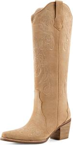 Женские ковбойские сапоги до колена, вестерн-стиль, заостренный носок, широкий каблук, ретро-вираж, вышивка с цветочным узором, сапоги на шнуровке с высокими голенищами VOZTOLLS, Beige Suede