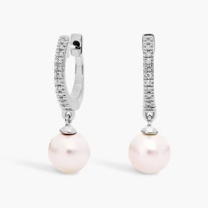 Серьги-кольца с бриллиантами и пресноводным культивированным жемчугом из 14-каратного белого золота (6,5-7 мм) Blue Nile