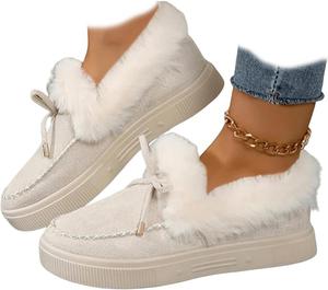 Женские зимние плоские ботинки, теплые и прочные, с мехом, уютной подкладкой из флиса с бантиком, противоскользящие для дома и улицы, комфортные домашние ботильоны Generic, Khaki