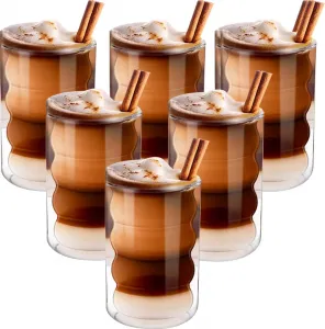 Стаканы для латте макиато с двойными стенками, 350 мл, набор из 6 штук, термостакан из боросиликатного стекла, чашки для эспрессо, кофейные кружки, стаканы для питья, чашки для капучино, чашки для мороженого, стакан с 6 ложками и 6 блюдцами Mmgoqqt