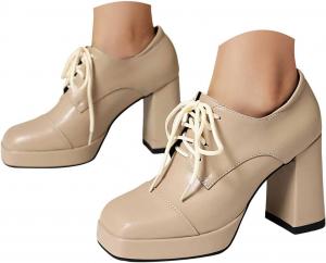 Женские ботильоны на высокой платформе с высокой и широкой колодкой, шнуровкой и винтажным дизайном, удобные туфли-лодочки, оксфорды, ботинки на массивном каблуке с квадратным носком, ретро-оксфорды из кожи Generic, Beige