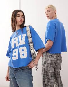 Reclaimed Vintage укороченная свободная футболка унисекс с логотипом университета синего цвета