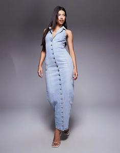 Длинное джинсовое платье Wanderdoll Kenny с воротником, присборенной спинкой и халтер-воротником светло-голубого цвета