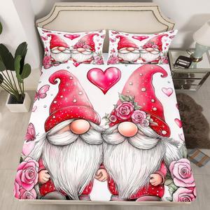Erosebridal Комплект постельного белья Gnome Couple с романтичным принтом розовых роз и бабочек в стиле кавай, Pink Red White