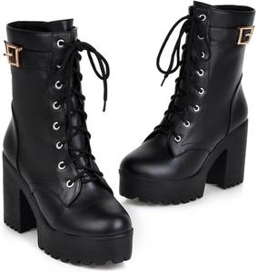 Женские ботильоны на шнуровке с высоким толстым каблуком и круглым носком, короткие ботинки, женская обувь, удобные платформенные ботинки в стиле милитари OXCOWNIU, Black