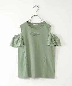 Футболка с кружевными рукавами и открытыми плечами, с логотипом (120~160 см) Ikka, цвет Green