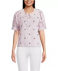 Женская рубашка Carefree из хлопка с рукавами-фонариками и воротником-стойкой Lands' End, белый