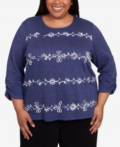 Топ больших размеров с вышитыми узорами и присборенными рукавами в стиле Озеро Шамплейн Alfred Dunner, Iris