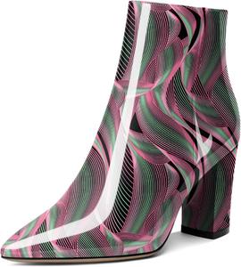 Женские ботильоны AUMOTED с высокой шнуровкой, массивным каблуком, заостренным носком, мехом, короткой моделью на молнии, классические ботинки на каблуке 3,4 дюйма, Patent Wave