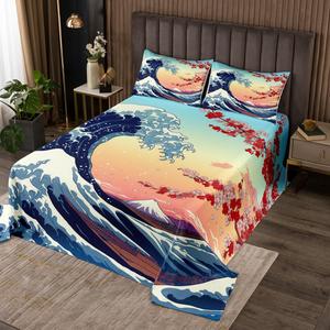 Erosebridal Комплект постельного белья в японском стиле с цветами сакуры и океанскими волнами в технике укиё-э, Multi 21