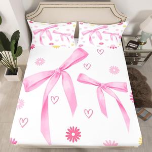 Erosebridal Комплект постельного белья Kawaii Bowknot с романтичными сердечками и цветочным принтом, Pink Yellow White