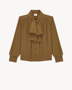 Блузка с бантом-лавальер из шелкового крепдешина Saint Laurent, зеленый