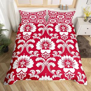 Erosebridal Винтажный комплект постельного белья Antique Baroque Damask с красными и белыми цветами в европейском классическом стиле, Multi 06