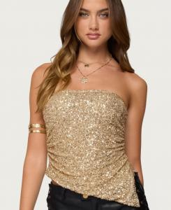 Женский топ без бретелей с асимметричным разрезом и пайетками Edikted, Gold