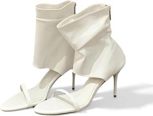 Женские кожаные высокие гладиаторские сандалии на шпильке с одной лямкой, молнией сзади, с открытым носком, высокие каблуки, складчатые сандалии до щиколотки для летней свадьбы, вечеринки или свидания EGEBS, White