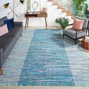 Ковер SAFAVIEH, 183 x 183 см, Rag Rug Collection, Light Blue & Grey, Handmade Boho Stripe Cotton, подходит для помещений с высокой проходимостью в гостиной, спальне (RAR122M)