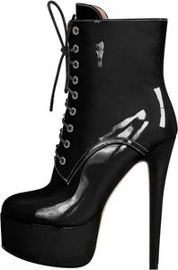 Женские ботильоны на щиколотку с короткой платформой, высокий каблук-стилет, ботинки в стиле милитари, закругленный носок, праздничная обувь, на шнуровке, лакированные, сексуальные, модные, каблук 16 см Vecipatcare, Black