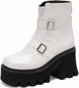 JOEUSTY Женские массивные ботильоны на платформе с высоким каблуком, квадратным носком, застежкой-баклей сзади и молнией, белые праздничные короткие ботинки