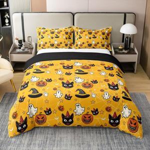 Erosebridal Комплект постельного белья из 100% хлопка с тематикой Хэллоуин: тыквы, призраки, ведьмы, паутина в готическом стиле, Black Orange White