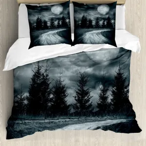 Пододеяльник ABAKUHAUS Дом ужасов, пейзаж с восходом луны, защита от клещей, подходит для аллергиков, с наволочками, 155 x 220 см - 80 x 80 см, серый Abakuhaus