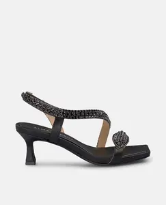 Женские босоножки на каблуке со стразами, змеиным ремешком и квадратным носком Alma en Pena, чёрный