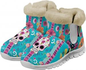 Женские зимние ботинки с утеплителем из фланели, комфортные мягкие ботильоны, против скольжения Glomenade, Blue Flower Skull