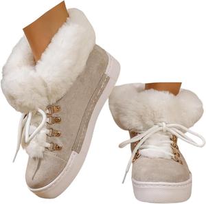 Милые зимние ботинки для женщин с искусственным мехом, теплые зимние снежные ботильоны, шнуровка, круглый носок, пушистые ботинки Generic, Light Gray